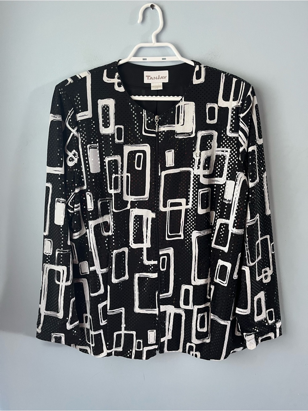 TanJay Vintage Sequin Black & White Geometric Light Zip-Up Jacket Size L